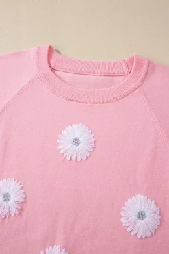 New Dear-Lover Flower Pattern Short Sleeve Knitted Top Pink