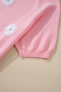 New Dear-Lover Flower Pattern Short Sleeve Knitted Top Pink