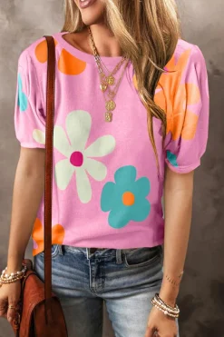 New Dear-Lover Flower Print Bubble Sleeve Tee Pink