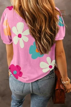 New Dear-Lover Flower Print Bubble Sleeve Tee Pink