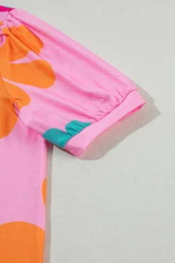 New Dear-Lover Flower Print Bubble Sleeve Tee Pink