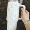 Clearance Dear-Lover Flower Print Large Insulated Tumbler with Handle 40oz Pink