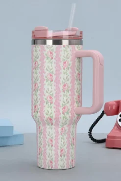 Clearance Dear-Lover Flower Print Large Insulated Tumbler with Handle 40oz Pink