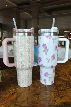 Clearance Dear-Lover Flower Print Large Insulated Tumbler with Handle 40oz Pink