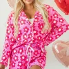 Clearance Dear-Lover Flower Print Long Sleeve Shirt Shorts Pajamas Set Pink