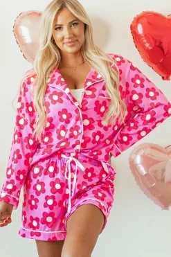 Clearance Dear-Lover Flower Print Long Sleeve Shirt Shorts Pajamas Set Pink