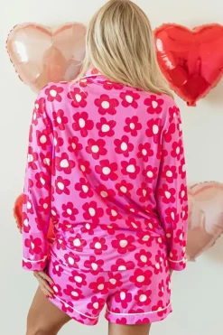 Clearance Dear-Lover Flower Print Long Sleeve Shirt Shorts Pajamas Set Pink