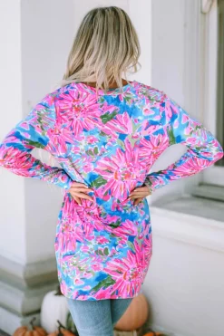 Fashion Dear-Lover Flower Print Long Sleeve Button Up Cardigan Pink