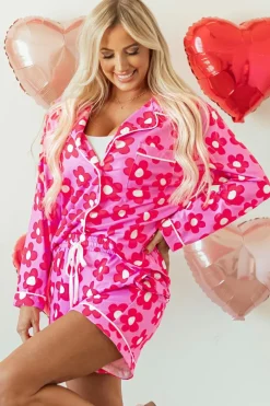 Clearance Dear-Lover Flower Print Long Sleeve Shirt Shorts Pajamas Set Pink