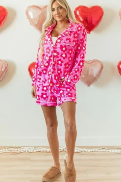 Clearance Dear-Lover Flower Print Long Sleeve Shirt Shorts Pajamas Set Pink