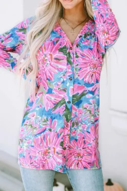 Fashion Dear-Lover Flower Print Long Sleeve Button Up Cardigan Pink
