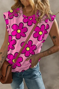 Fashion Dear-Lover Flower Print Round Neck Cap Sleeve T Shirt Pink