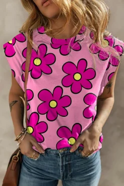 Fashion Dear-Lover Flower Print Round Neck Cap Sleeve T Shirt Pink