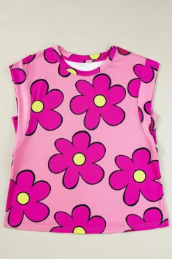 Fashion Dear-Lover Flower Print Round Neck Cap Sleeve T Shirt Pink
