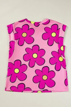 Fashion Dear-Lover Flower Print Round Neck Cap Sleeve T Shirt Pink