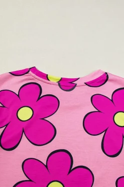 Fashion Dear-Lover Flower Print Round Neck Cap Sleeve T Shirt Pink