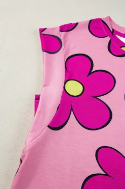 Fashion Dear-Lover Flower Print Round Neck Cap Sleeve T Shirt Pink