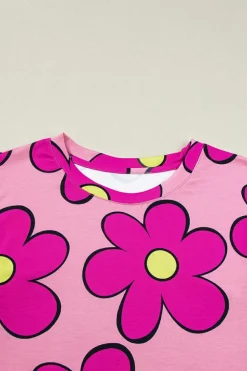 Fashion Dear-Lover Flower Print Round Neck Cap Sleeve T Shirt Pink