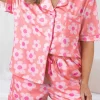 Sale Dear-Lover Flower Print Short Sleeve Shirt Pajamas Set Pink