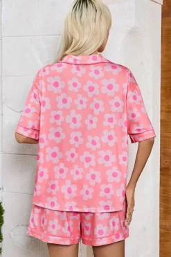 Sale Dear-Lover Flower Print Short Sleeve Shirt Pajamas Set Pink