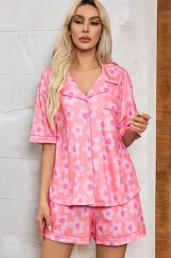 Sale Dear-Lover Flower Print Short Sleeve Shirt Pajamas Set Pink