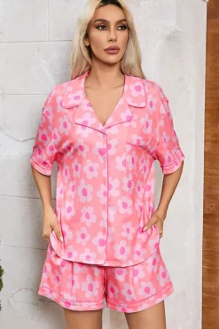 Sale Dear-Lover Flower Print Short Sleeve Shirt Pajamas Set Pink