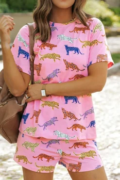 Sale Dear-Lover Flower Print Short Sleeve High Waist Two Piece Shorts Set Pink