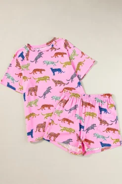 Sale Dear-Lover Flower Print Short Sleeve High Waist Two Piece Shorts Set Pink