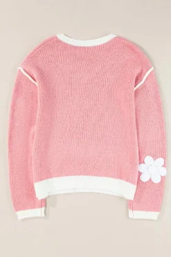 Clearance Dear-Lover Flower V Neck Dropped Shoulder Sweater Pink