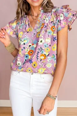 New Dear-Lover Flutter Sleeve V Neck Floral Top Pink