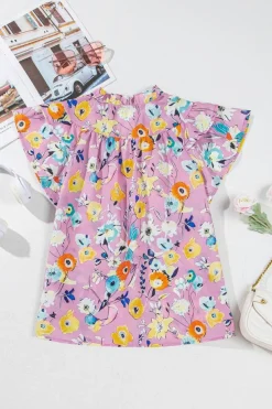 New Dear-Lover Flutter Sleeve V Neck Floral Top Pink