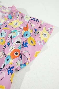 New Dear-Lover Flutter Sleeve V Neck Floral Top Pink