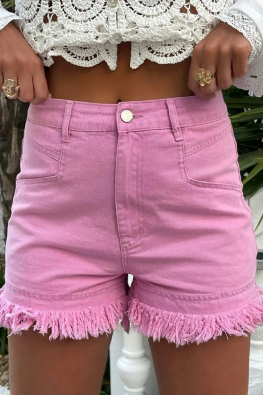 Discount Dear-Lover Frayed Edge Mid Rise Denim Shorts Pink