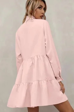 Fashion Dear-Lover Frilled Stand Collar Long Sleeve Ruffle Dress Pink
