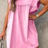 Fashion Dear-Lover Frilled Trim Crew Neck Loose Fit Mini Dress Pink