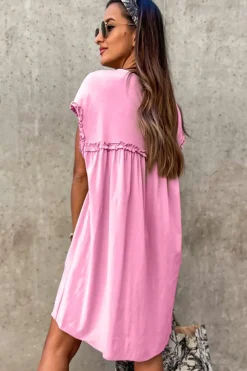 Fashion Dear-Lover Frilled Trim Crew Neck Loose Fit Mini Dress Pink