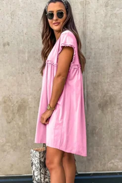 Fashion Dear-Lover Frilled Trim Crew Neck Loose Fit Mini Dress Pink