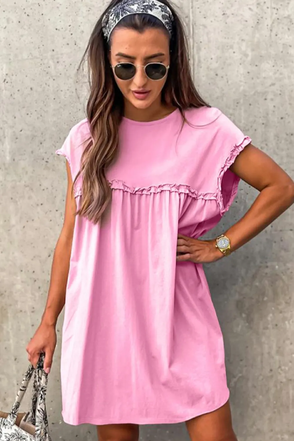 Fashion Dear-Lover Frilled Trim Crew Neck Loose Fit Mini Dress Pink