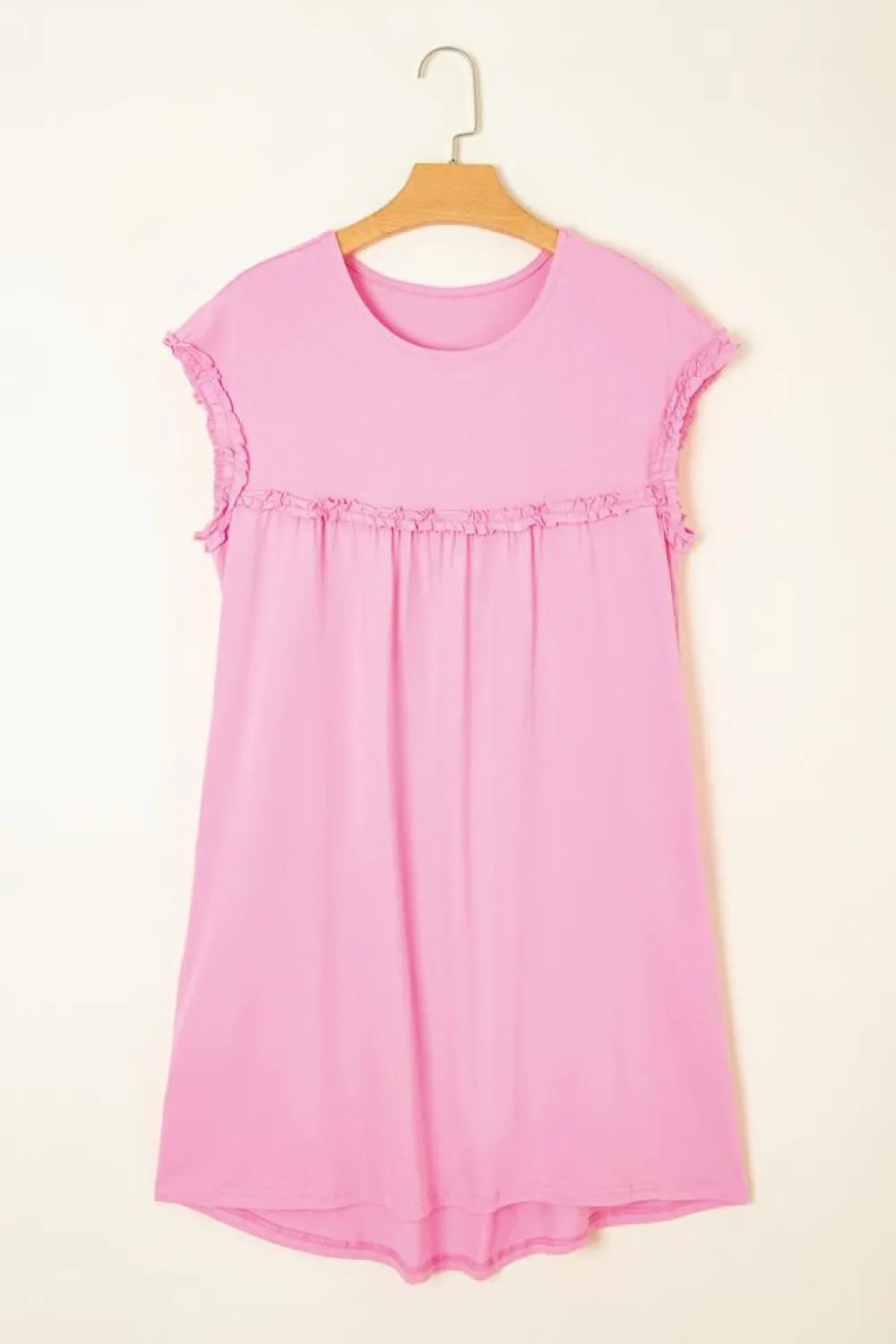 Fashion Dear-Lover Frilled Trim Crew Neck Loose Fit Mini Dress Pink