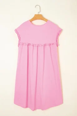 Fashion Dear-Lover Frilled Trim Crew Neck Loose Fit Mini Dress Pink