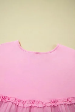 Fashion Dear-Lover Frilled Trim Crew Neck Loose Fit Mini Dress Pink