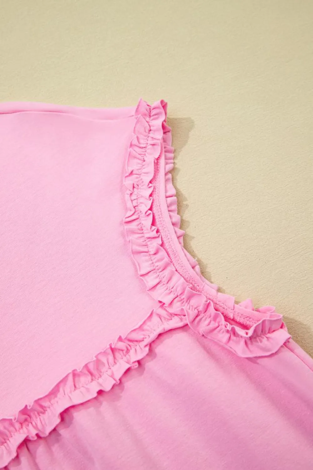 Fashion Dear-Lover Frilled Trim Crew Neck Loose Fit Mini Dress Pink