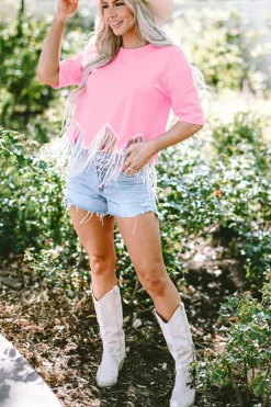 Hot Dear-Lover Fringed Sequin Crop T-shirt Pink