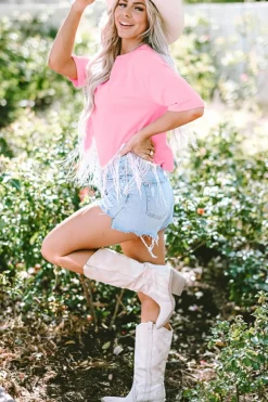 Hot Dear-Lover Fringed Sequin Crop T-shirt Pink