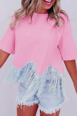 Hot Dear-Lover Fringed Sequin Crop T-shirt Pink