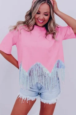 Hot Dear-Lover Fringed Sequin Crop T-shirt Pink