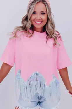 Hot Dear-Lover Fringed Sequin Crop T-shirt Pink