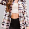 Outlet Dear-Lover Geometric Plaid Print Pocketed Shacket Pink