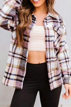 Outlet Dear-Lover Geometric Plaid Print Pocketed Shacket Pink
