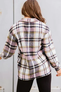 Outlet Dear-Lover Geometric Plaid Print Pocketed Shacket Pink